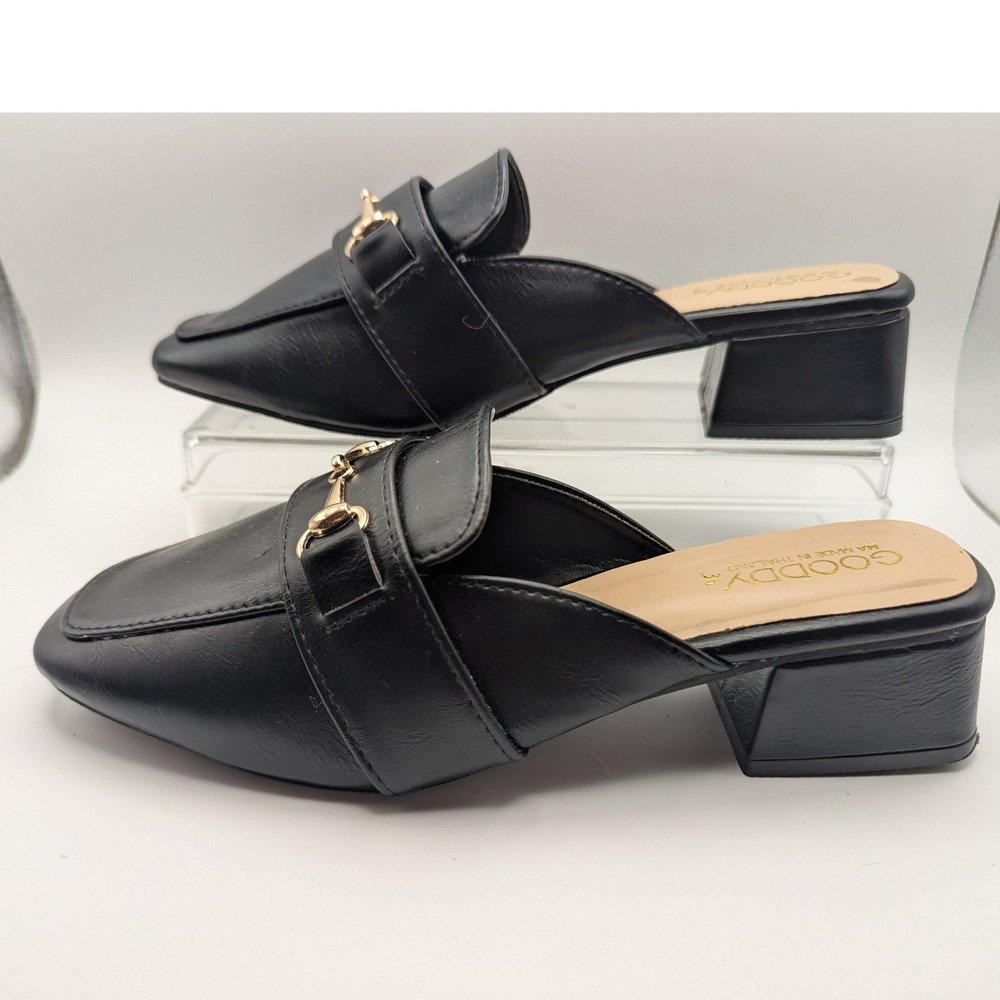 GOODY Black Faux Leather Mule Gold Accent Square Toe Block Heel Women Size 5.5-6